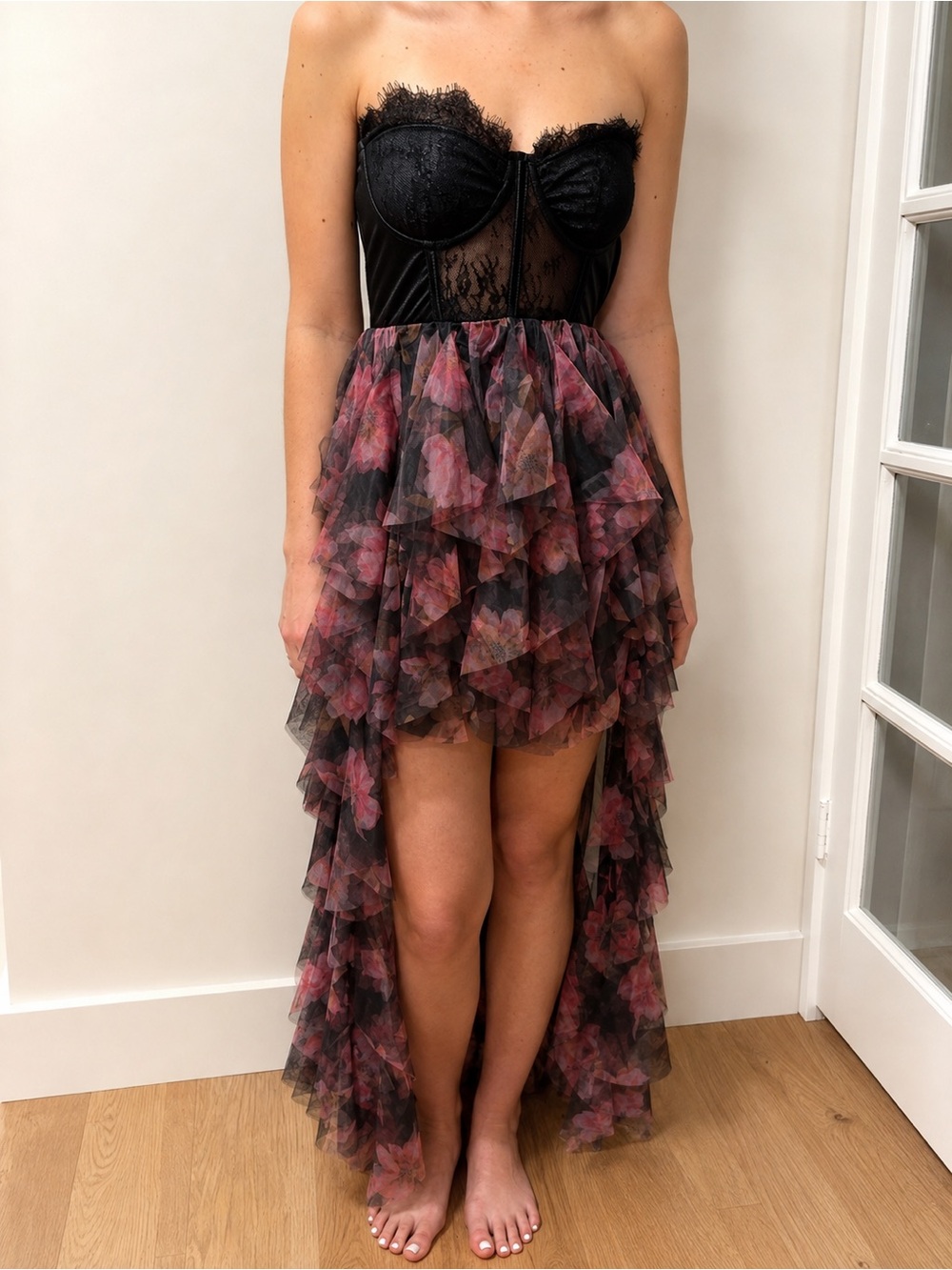 Black Lace Bustier High-Low Floral Tulle Skirt Dress size small